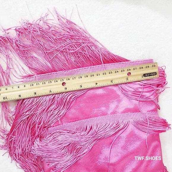 Gogo Fringed Thread Tassle OTK Thigh High Pink Satin High Heel Boots - Picture 14 of 14